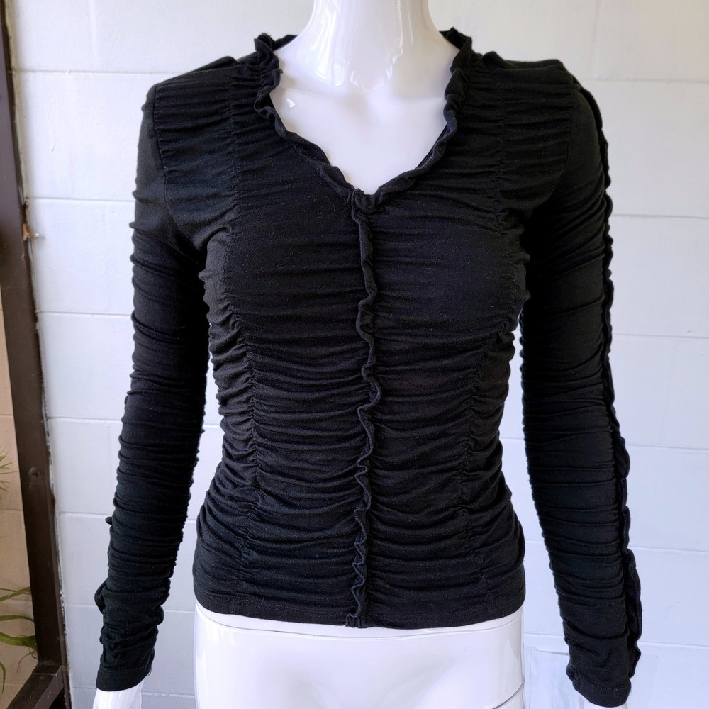 VTG 90s Picasso Ruched Black Top Women M Long Sleeve Y2K Gothic Coquette Grunge